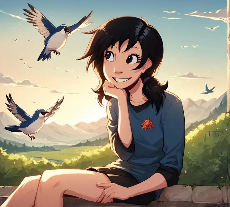 katerina, black hair, black eyes, zPDXL, best quality, amazing quality, score 9, 1girl, smile, outdoors, bird, happy, sitting, <lora:Katerina:1>