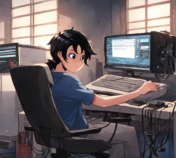 katerina, black hair, black eyes, zPDXL, best quality, amazing quality, score 9, 1girl, indoors, computer, at computer, wires, computer room, <lora:Katerina:1>