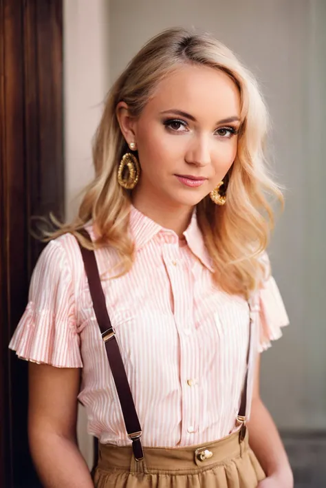 a portrait photo of a beautiful blonde woman, Chiffon Blush Pink Striped blouse, high-waisted pants, suspenders, and Oxfords, shot with Rolleiflex 2.8F, detailed face, detailed hair, best quality, masterpiece, (photorealistic:1.4) <lora:natalyvon-000005:1>