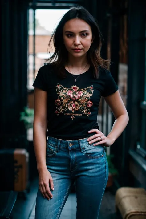 A stunning intricate full color portrait of a woman,wearing jeans and black t-shirt, having fun, epic character composition,by ilya kuvshinov, alessio albi, nina masic,sharp focus, natural lighting, subsurface scattering, f2, 35mm, film grain, half body shot <lora:natalyvon-000005:1>