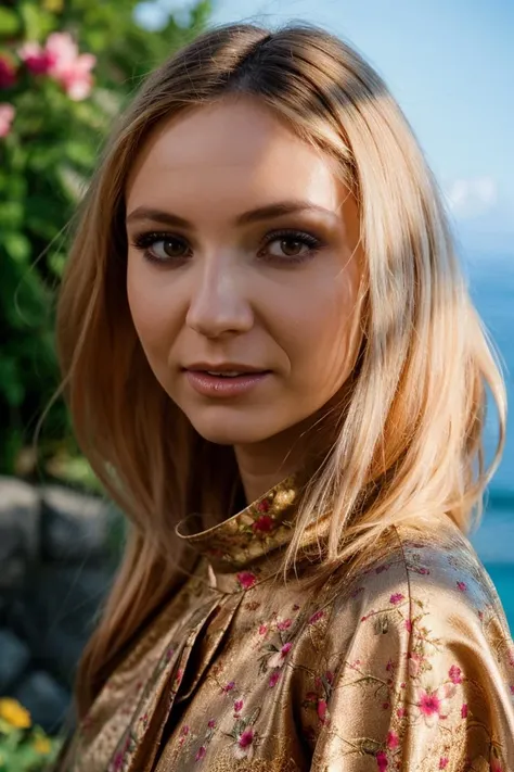 A stunning intricate full color portrait of a blonde woman,wearing a high neck floral dress, flower in hair, waterfall in background, happy, epic character composition,by ilya kuvshinov, alessio albi, nina masic,sharp focus, natural lighting, subsurface scattering, f2, 35mm, film grain, portait, closeup, very detailed skin texture   <lora:natalyvon-000005:1>