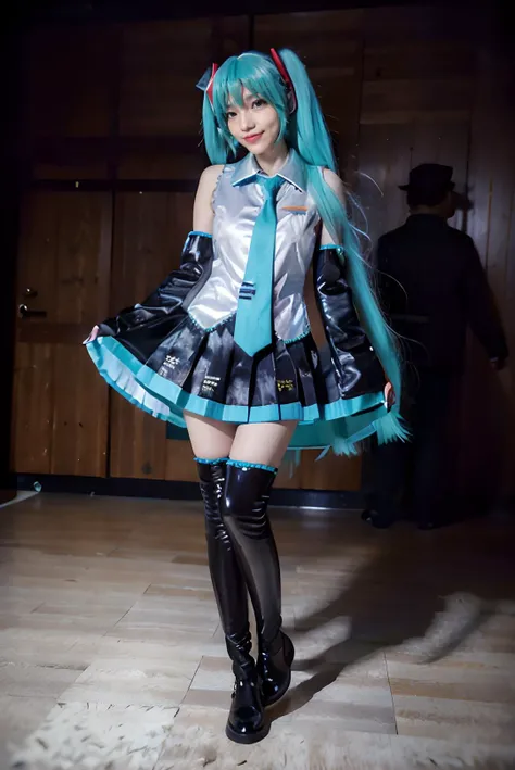 ((masterpiece:1.3)), ((best quality:1.3)), ((detailed)), ((realistic)), ((nikon RAW photo, 8K, Fujifilm XT3, HDR10+, high-res, depth of field)), ((((full body:1.5), (medium breast:1.5), slender body:1.4, body height 150 cm, body weight 40 Kg, 23 years old, breast size 32D, 1girl, solo, (standing straight, arms at side, open legs, sexy pose)))), (photorealistic:1.4), photography, shoot by professional, studio lighting, music concert stage, indoor, in luxury stage, best of the best, professional model, tuned by professional, lustful woman, arroused, flirty, orgasm, horny, sexy body, seductive, tempt, naughty, cute, virgin, looking at viewer, a dashing collected professional beauty woman, cosplay, <lora:Javanese_Girl_V1_Retrained:0.6>, niken, woman, girl, young girl, nkftnh, <lora:miku_cosplay_original_v1:0.7> hatsune miku cosplay costume, hatsune miku, cosplay, aqua hair, twintails, very long hair, hair ornament, headphones, headset, shirt, skirt, pleated skirt, necktie, aqua necktie, detached sleeves, tattoo, thigh boots, body facing forward