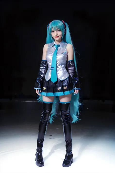 ((masterpiece:1.3)), ((best quality:1.3)), ((detailed)), ((realistic)), ((nikon RAW photo, 8K, Fujifilm XT3, HDR10+, high-res, depth of field)), ((((full body:1.5), (medium breast:1.5), slender body:1.4, body height 150 cm, body weight 40 Kg, 23 years old, breast size 32D, 1girl, solo, (standing straight, arms at side, open legs, sexy pose)))), (photorealistic:1.4), photography, shoot by professional, studio lighting, music concert stage, indoor, in luxury stage, best of the best, professional model, tuned by professional, lustful woman, arroused, flirty, orgasm, horny, sexy body, seductive, tempt, naughty, cute, virgin, looking at viewer, a dashing collected professional beauty woman, cosplay, <lora:Javanese_Girl_V1_Retrained:0.6>, niken, woman, girl, young girl, nkftnh, <lora:miku_cosplay_original_v1:0.7> hatsune miku cosplay costume, hatsune miku, cosplay, aqua hair, twintails, very long hair, hair ornament, headphones, headset, shirt, skirt, pleated skirt, necktie, aqua necktie, detached sleeves, tattoo, thigh boots, body facing forward