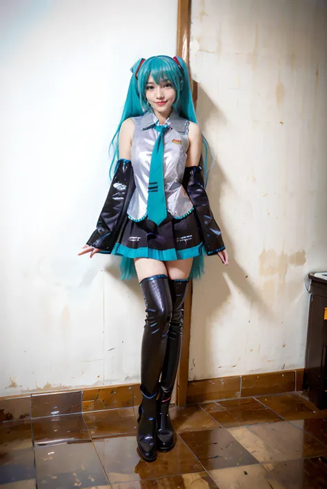 ((masterpiece:1.3)), ((best quality:1.3)), ((detailed)), ((realistic)), ((nikon RAW photo, 8K, Fujifilm XT3, HDR10+, high-res, depth of field)), ((((full body:1.5), (medium breast:1.5), slender body:1.4, body height 150 cm, body weight 40 Kg, 23 years old, breast size 32D, 1girl, solo, (standing straight, arms at side, open legs, sexy pose)))), (photorealistic:1.4), photography, shoot by professional, studio lighting, music concert stage, indoor, in luxury stage, best of the best, professional model, tuned by professional, lustful woman, arroused, flirty, orgasm, horny, sexy body, seductive, tempt, naughty, cute, virgin, looking at viewer, a dashing collected professional beauty woman, cosplay, <lora:Javanese_Girl_V1_Retrained:0.6>, niken, woman, girl, young girl, nkftnh, <lora:miku_cosplay_original_v1:0.7> hatsune miku cosplay costume, hatsune miku, cosplay, aqua hair, twintails, very long hair, hair ornament, headphones, headset, shirt, skirt, pleated skirt, necktie, aqua necktie, detached sleeves, tattoo, thigh boots, body facing forward
