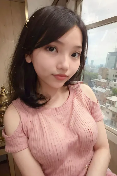 ((masterpiece)), ((best quality)), ((detailed)), ((realistic)), (1girl, solo:1.2, standing, arms at side), ((((one quarter headshot:1.5, one quarter body, (close-up photo)), small breast:1.3, slender body:1.3, body height 150 cm, body weight 40 Kg, 21 years old, breast size 32D))), hyperdetailed, luxury skyscrapper apartment, bedroom with large glass windows, flirty expression, cute, a dashing collected professional beauty woman, woman, girl, Niken, plain pink short sleeved cold shoulder knit t-shirt, dress politely and neatly, formal appearance, untucked, shoulder length hair, bangs, hair parted at the back, black hair, (flirty pose:1.2), looking at camera, gold small earrings, gold watch, gold bracelet, small gold necklace, young adult, indonesian, Indonesia, SFW, cosplay, whole body facing the camera, (head straight, potrait), <lora:Javanese_Girl_V1_Retrained:0.8>