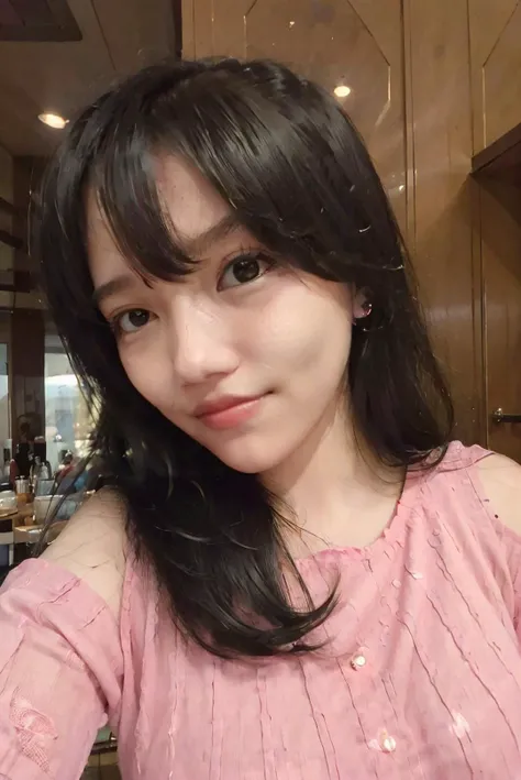 ((masterpiece)), ((best quality)), ((detailed)), ((realistic)), (1girl, solo:1.2, standing, arms at side), ((((one quarter headshot:1.5, one quarter body, (close-up photo)), small breast:1.3, slender body:1.3, body height 150 cm, body weight 40 Kg, 21 years old, breast size 32D))), hyperdetailed, luxury skyscrapper apartment, bedroom with large glass windows, flirty expression, cute, a dashing collected professional beauty woman, woman, girl, Niken, plain pink short sleeved cold shoulder knit t-shirt, dress politely and neatly, formal appearance, untucked, shoulder length hair, bangs, hair parted at the back, black hair, (flirty pose:1.2), looking at camera, gold small earrings, gold watch, gold bracelet, small gold necklace, young adult, indonesian, Indonesia, SFW, cosplay, whole body facing the camera, (head straight, potrait), <lora:Javanese_Girl_V1_Retrained:0.8>