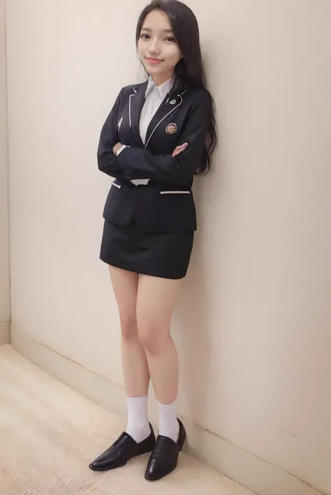 ((masterpiece)), ((best quality)), ((detailed)), ((realistic)), ((nikon RAW photo, 8K, Fujifilm XT3, HDR10+, high-res, depth of field, huge filesize, low-angle shot)), (1girl, solo, standing, arms at side, spreading arms), ((((full body:1.5), small breast:1.4, slender body:1.3, body height 150 cm, body weight 40 Kg, 21 years old, 32D Cup))), (photorealistic:1.4), photorealism, photography, hyperrealistic, hyperdetailed, lots of details, extremely amazing finely detail, shoot by professional, professional photography, studio lighting, professional tuned lighting, indoor, photo studio settings, professional photo session, perfection, best of the best, professional model, photo model, tuned by professional, flirty, cute, extremely delicate beautiful, a dashing collected professional beauty woman, woman, girl, Niken, ((((short sleeves, white office shirt, white collared shirt, black blazer, black skirt, black necktie, white socks, black loafers, black formal women's belt), dress politely and neatly, tucked in, long hair, hair parted at the back))), beautiful smile, (flirty pose:1.2), proportional, looking at camera, gold small earrings, gold watch, gold bracelet, beautiful smile, beautiful face, beautiful body, perfect body, realistic eyes, young adult, indonesian, Indonesia, SFW, cosplay, formal attire, facing front, <lora:Javanese_Girl_V1_Retrained:0.8>