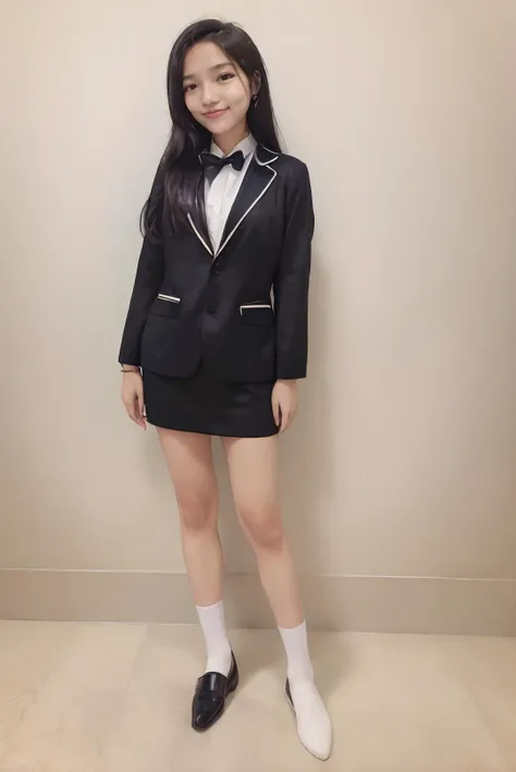 ((masterpiece)), ((best quality)), ((detailed)), ((realistic)), ((nikon RAW photo, 8K, Fujifilm XT3, HDR10+, high-res, depth of field, huge filesize, low-angle shot)), (1girl, solo, standing, arms at side, spreading arms), ((((full body:1.5), small breast:1.4, slender body:1.3, body height 150 cm, body weight 40 Kg, 21 years old, 32D Cup))), (photorealistic:1.4), photorealism, photography, hyperrealistic, hyperdetailed, lots of details, extremely amazing finely detail, shoot by professional, professional photography, studio lighting, professional tuned lighting, indoor, photo studio settings, professional photo session, perfection, best of the best, professional model, photo model, tuned by professional, flirty, cute, extremely delicate beautiful, a dashing collected professional beauty woman, woman, girl, Niken, ((((short sleeves, white office shirt, white collared shirt, black blazer, black skirt, black necktie, white socks, black loafers, black formal women's belt), dress politely and neatly, tucked in, long hair, hair parted at the back))), beautiful smile, (flirty pose:1.2), proportional, looking at camera, gold small earrings, gold watch, gold bracelet, beautiful smile, beautiful face, beautiful body, perfect body, realistic eyes, young adult, indonesian, Indonesia, SFW, cosplay, formal attire, facing front, <lora:Javanese_Girl_V1_Retrained:0.8>