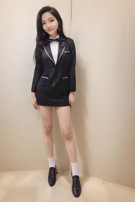 ((masterpiece)), ((best quality)), ((detailed)), ((realistic)), ((nikon RAW photo, 8K, Fujifilm XT3, HDR10+, high-res, depth of field, huge filesize, low-angle shot)), (1girl, solo, standing, arms at side, spreading arms), ((((full body:1.5), small breast:1.4, slender body:1.3, body height 150 cm, body weight 40 Kg, 21 years old, 32D Cup))), (photorealistic:1.4), photorealism, photography, hyperrealistic, hyperdetailed, lots of details, extremely amazing finely detail, shoot by professional, professional photography, studio lighting, professional tuned lighting, indoor, photo studio settings, professional photo session, perfection, best of the best, professional model, photo model, tuned by professional, flirty, cute, extremely delicate beautiful, a dashing collected professional beauty woman, woman, girl, Niken, ((((short sleeves, white office shirt, white collared shirt, black blazer, black skirt, black necktie, white socks, black loafers, black formal women's belt), dress politely and neatly, tucked in, long hair, hair parted at the back))), beautiful smile, (flirty pose:1.2), proportional, looking at camera, gold small earrings, gold watch, gold bracelet, beautiful smile, beautiful face, beautiful body, perfect body, realistic eyes, young adult, indonesian, Indonesia, SFW, cosplay, formal attire, facing front, <lora:Javanese_Girl_V1_Retrained:0.8>