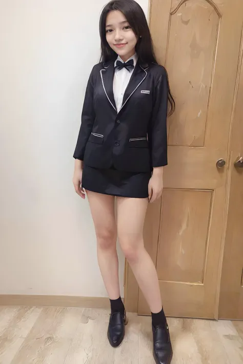 ((masterpiece)), ((best quality)), ((detailed)), ((realistic)), ((nikon RAW photo, 8K, Fujifilm XT3, HDR10+, high-res, depth of field, huge filesize, low-angle shot)), (1girl, solo, standing, arms at side, spreading arms), ((((full body:1.5), small breast:1.4, slender body:1.3, body height 150 cm, body weight 40 Kg, 21 years old, 32D Cup))), (photorealistic:1.4), photorealism, photography, hyperrealistic, hyperdetailed, lots of details, extremely amazing finely detail, shoot by professional, professional photography, studio lighting, professional tuned lighting, indoor, photo studio settings, professional photo session, perfection, best of the best, professional model, photo model, tuned by professional, flirty, cute, extremely delicate beautiful, a dashing collected professional beauty woman, woman, girl, Niken, ((((short sleeves, white office shirt, white collared shirt, black blazer, black skirt, black necktie, white socks, black loafers, black formal women's belt), dress politely and neatly, tucked in, long hair, hair parted at the back))), beautiful smile, (flirty pose:1.2), proportional, looking at camera, gold small earrings, gold watch, gold bracelet, beautiful smile, beautiful face, beautiful body, perfect body, realistic eyes, young adult, indonesian, Indonesia, SFW, cosplay, formal attire, facing front, <lora:Javanese_Girl_V1_Retrained:0.8>