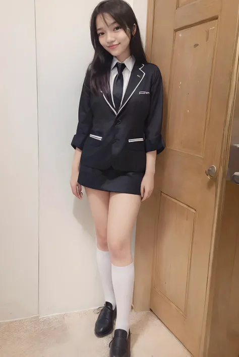 ((masterpiece)), ((best quality)), ((detailed)), ((realistic)), ((nikon RAW photo, 8K, Fujifilm XT3, HDR10+, high-res, depth of field, huge filesize, low-angle shot)), (1girl, solo, standing, arms at side, spreading arms), ((((full body:1.5), small breast:1.4, slender body:1.3, body height 150 cm, body weight 40 Kg, 21 years old, 32D Cup))), (photorealistic:1.4), photorealism, photography, hyperrealistic, hyperdetailed, lots of details, extremely amazing finely detail, shoot by professional, professional photography, studio lighting, professional tuned lighting, indoor, photo studio settings, professional photo session, perfection, best of the best, professional model, photo model, tuned by professional, flirty, cute, extremely delicate beautiful, a dashing collected professional beauty woman, woman, girl, Niken, ((((short sleeves, white office shirt, white collared shirt, black blazer, black skirt, black necktie, white socks, black loafers, black formal women's belt), dress politely and neatly, tucked in, long hair, hair parted at the back))), beautiful smile, (flirty pose:1.2), proportional, looking at camera, gold small earrings, gold watch, gold bracelet, beautiful smile, beautiful face, beautiful body, perfect body, realistic eyes, young adult, indonesian, Indonesia, SFW, cosplay, formal attire, facing front, <lora:Javanese_Girl_V1_Retrained:0.8>