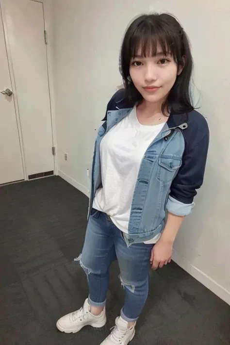 Very cute、(1 cute girl)、(11 years old girl)、(Medium Long Hair)、((slender))、(Baby face)、eyes and skin with exquisite detail、(Selfie)、(((blue collarless jacket)))、((white t-shirt))、((black very long skirt))、necklace、((laugh))、watching at camera、profetional lighting、BREAK、(realisitic、Photorealsitic:1.37)、8K、((​masterpiece))、(top-quality:1.4)、(超A high resolution:1.2)、 (Raw photography:1.2)、hyper detailed background、(Wallpapers by Unity 8K)、in room、night