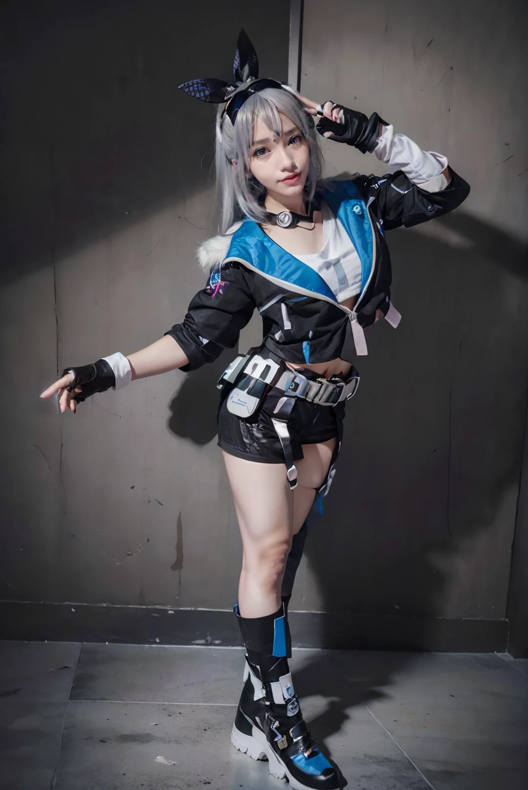 ((masterpiece:1.5)), ((best quality:1.5)), ((detailed)), ((realistic)), ((nikon RAW photo, 8K, Fujifilm XT3, HDR10+, high-res, depth of field, huge filesize, low-angle shot)), (1girl, solo, standing straight, arms at side), ((((full body:1.5), (medium breast:1.4), (slender body:1.3), body height 150 cm, body weight 40 Kg, realistic body, 18 years old, , cool))), perfect anatomy, perfect body, perfect hands, perfect feet, perfect eyes, realistic eyes, realistic anatomy, perfect fingers, realistic hands, realistic fingers, realistic legs, detailed body, detailed face, detailed hands, detailed fingers, (photorealistic:1.4), photorealism, photography, hyperrealistic, hyperdetailed, lots of details, extremely amazing finely detail, shoot by professional, professional photography, studio lighting, professional tuned lighting, indoor, photo studio, dark room, perfection, flawless, best of the best, professional model, photo model, tuned by professional, lustful woman, arroused, seduced, flirty, orgasm face, horny, seductive expression, hot girl, seductive, tempt, naughty, cute, virgin, sexy, looking at viewer, extremely delicate beautiful, a dashing collected professional beauty woman, beautiful body, beautiful hands, beautiful fingers, beautiful legs, beautiful arms, beautiful face, beautiful eyes, ((Luxury black diamond wall background)), realistic shadow, realistic texture, realistic lighting, path tracing, ray tracing, <lora:Javanese_Girl_V3:0.7>, <lora:starrail_silverwolf_cosplay_v2:0.7> silverwolf cosplay costume, cosplay, silverwolf, white hair, hair bow, eyewear on head, hair ornament, jacket, shorts, cropped shirt, belt, fingerless gloves, bandaid, single fishnet legwear, thigh strap, boots