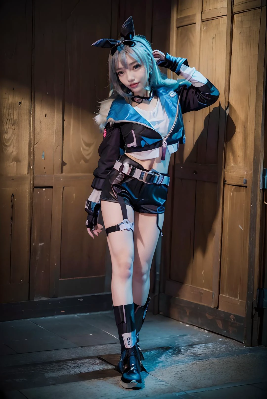 ((masterpiece:1.5)), ((best quality:1.5)), ((detailed)), ((realistic)), ((nikon RAW photo, 8K, Fujifilm XT3, HDR10+, high-res, depth of field, huge filesize, low-angle shot)), (1girl, solo, standing straight, arms at side), ((((full body:1.5), (medium breast:1.4), (slender body:1.3), body height 150 cm, body weight 40 Kg, realistic body, 18 years old, ))), perfect anatomy, perfect body, perfect hands, perfect feet, perfect eyes, realistic eyes, realistic anatomy, perfect fingers, realistic hands, realistic fingers, realistic legs, detailed body, detailed face, detailed hands, detailed fingers, (photorealistic:1.4), photorealism, photography, hyperrealistic, hyperdetailed, lots of details, extremely amazing finely detail, shoot by professional, professional photography, studio lighting, professional tuned lighting, indoor, photo studio, dark room, perfection, flawless, best of the best, professional model, photo model, tuned by professional, lustful woman, arroused, seduced, flirty, orgasm face, horny, seductive expression, horny pose, hot, seductive, tempt, naughty, cute, virgin, sexy, looking at viewer, extremely delicate beautiful, a dashing collected professional beauty woman, ((Luxury black diamond wall background)), realistic shadow, realistic texture, realistic lighting, <lora:Javanese_Girl_V3:0.7>, <lora:starrail_silverwolf_cosplay_v2:0.7> silverwolf cosplay costume, cosplay, silverwolf, white hair, hair bow, eyewear on head, hair ornament, jacket, shorts, cropped shirt, belt, fingerless gloves, bandaid, single fishnet legwear, thigh strap, boots