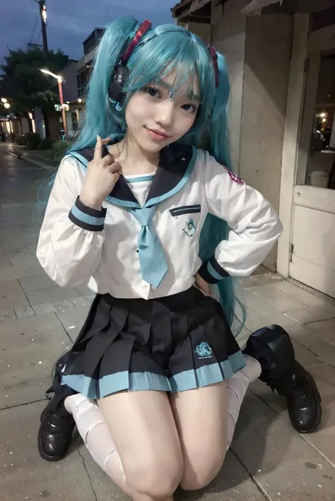 1girl, solo, (((full body:1.5)), ((sexy pose:1.5, (suggestive, sexual acts))), ((slender body:1.5), (medium breast:1.5), (medium hips:1.5), body height 150 cm, body weight 40kg, breast size 32D, (petite girl:1.5))), (((nighttime background:1.5, night at the school park:1.5, night outdoors:1.5, starry night:1.5, realism, realistic))), HDR10+, 16K, Ultra High Resolution, Ultra High Quality, depth of field, dashing, collected, professional beauty, ((lustful, passionately, aroused, flirty, orgasm, horny, seductive, tempt, stimulated, libidinous, oversexed, alluring, lewdness, amorousness, concupiscence, eroticism, salacious, obscene, sultry, raunchy, randy, provocative, smutty, vulgar, pornographic acts, nasty, bawdy, naughty, cute, virgin)), looking at viewer, body facing forward, <lora:Javanese_Girl_V1_Retrained:0.6> niken, woman, girl, young girl, nkftnh, <lora:miku_cosplay_schoolUniform_v1:0.6> hatsune miku, cosplay, aqua hair, twintails, hair ornament, very long hair, headphones, alternate costume, school uniform, sailor collar, serafuku, shirt, long sleeves, necktie, skirt, pleated skirt, white kneehighs, loafers, aqua eyes, hyper detailed hands, hyper detailed body