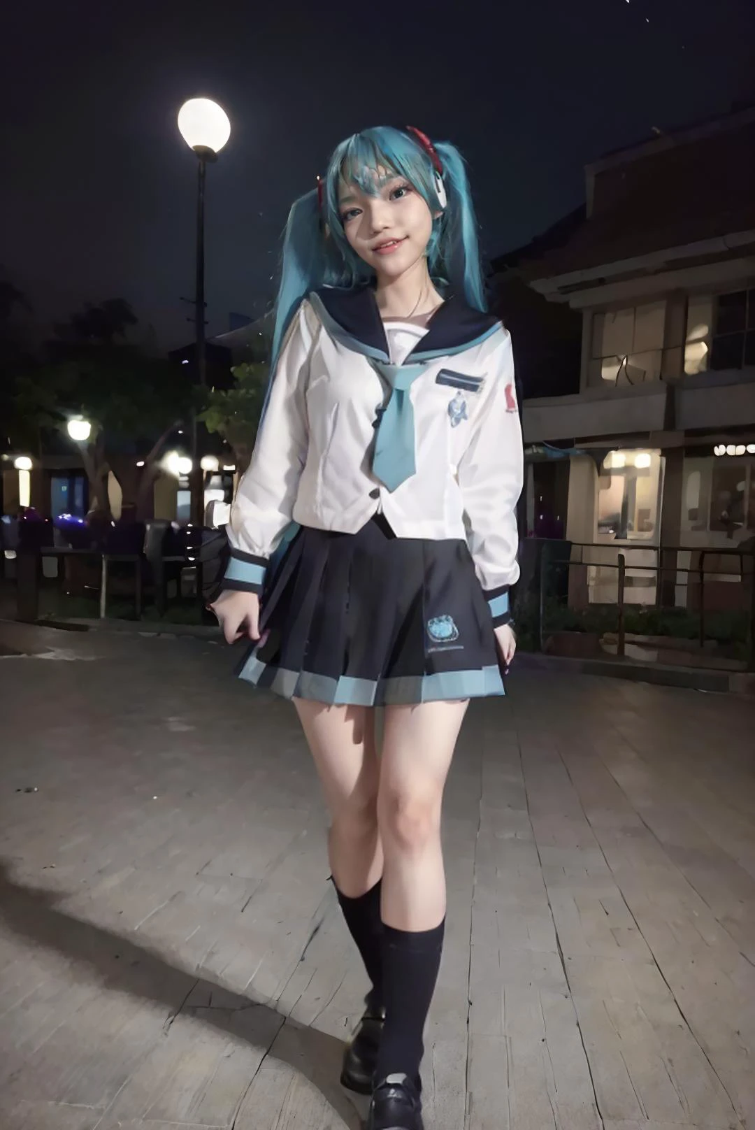 ((masterpiece:1.4)), ((best quality:1.4)), ((hyperdetailed)), ((hyperrealistic)), ((RAW photo, 8K, HDR10+, high-res, depth of field, ray tracing)), ((((full body:1.5), (medium breast:1.5), (slender body:1.5), (body height 150 cm:1.3, body weight 40 Kg:1.3), short girl, 21 years old, breast size 32D:1.3, 1girl, solo, petite girl)))), (((((((sexy pose:1.5)), standing, arms at side:1.5, (open legs:1.5))))), (photorealistic:1.5), hyperrealism, photography, shoot by professional, ((night:1.5, nighttime background:1.5, night sky:1.5)), ((((night in school:1.2), school park:1.3, school environment:1.4, school area:1.2))), outdoor, professional model, tuned by professional, lustful woman, arroused, flirty, orgasm, horny, seductive, tempt, naughty, cute, virgin, looking at viewer, a dashing collected professional beauty woman, Indonesia, <lora:Javanese_Girl_V1_Retrained:0.65>, niken, woman, girl, young girl, nkftnh, body facing forward, <lora:miku_cosplay_schoolUniform_v1:0.65> hatsune miku, cosplay, aqua hair, twintails, hair ornament, very long hair, headphones, alternate costume, school uniform, sailor collar, serafuku, shirt, long sleeves, necktie, skirt, pleated skirt