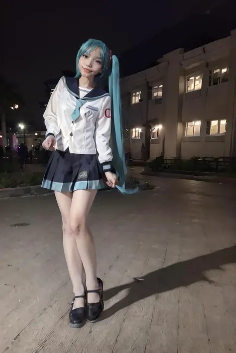 ((masterpiece:1.4)), ((best quality:1.4)), ((hyperdetailed)), ((hyperrealistic)), ((RAW photo, 8K, HDR10+, high-res, depth of field, ray tracing)), ((((full body:1.5), (medium breast:1.5), (slender body:1.5), (body height 150 cm:1.3, body weight 40 Kg:1.3), short girl, 21 years old, breast size 32D:1.3, 1girl, solo, petite girl)))), (((((((sexy pose:1.5)), standing, arms at side:1.5, (open legs:1.5))))), (photorealistic:1.5), hyperrealism, photography, shoot by professional, ((night:1.5, nighttime background:1.5, night sky:1.5)), ((((night in school:1.2), school park:1.3, school environment:1.4, school area:1.2))), outdoor, professional model, tuned by professional, lustful woman, arroused, flirty, orgasm, horny, seductive, tempt, naughty, cute, virgin, looking at viewer, a dashing collected professional beauty woman, Indonesia, <lora:Javanese_Girl_V1_Retrained:0.65>, niken, woman, girl, young girl, nkftnh, body facing forward, <lora:miku_cosplay_schoolUniform_v1:0.65> hatsune miku, cosplay, aqua hair, twintails, hair ornament, very long hair, headphones, alternate costume, school uniform, sailor collar, serafuku, shirt, long sleeves, necktie, skirt, pleated skirt