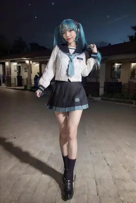 ((masterpiece:1.4)), ((best quality:1.4)), ((hyperdetailed)), ((hyperrealistic)), ((RAW photo, 8K, HDR10+, high-res, depth of field, ray tracing)), ((((full body:1.5), (medium breast:1.5), (slender body:1.5), (body height 150 cm:1.3, body weight 40 Kg:1.3), short girl, 21 years old, breast size 32D:1.3, 1girl, solo, petite girl)))), (((((((sexy pose:1.5)), standing, arms at side:1.5, (open legs:1.5))))), (photorealistic:1.5), hyperrealism, photography, shoot by professional, ((night:1.5, nighttime background:1.5, night sky:1.5)), ((((night in school:1.2), school park:1.3, school environment:1.4, school area:1.2))), outdoor, professional model, tuned by professional, lustful woman, arroused, flirty, orgasm, horny, seductive, tempt, naughty, cute, virgin, looking at viewer, a dashing collected professional beauty woman, Indonesia, <lora:Javanese_Girl_V1_Retrained:0.65>, niken, woman, girl, young girl, nkftnh, body facing forward, <lora:miku_cosplay_schoolUniform_v1:0.65> hatsune miku, cosplay, aqua hair, twintails, hair ornament, very long hair, headphones, alternate costume, school uniform, sailor collar, serafuku, shirt, long sleeves, necktie, skirt, pleated skirt