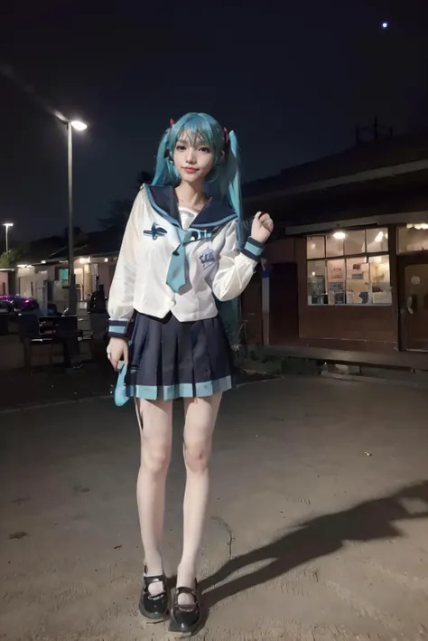 ((masterpiece:1.4)), ((best quality:1.4)), ((hyperdetailed)), ((hyperrealistic)), ((RAW photo, 8K, HDR10+, high-res, depth of field, ray tracing)), ((((full body:1.5), (medium breast:1.5), (slender body:1.5), (body height 150 cm:1.3, body weight 40 Kg:1.3), short girl, 21 years old, breast size 32D:1.3, 1girl, solo, petite girl)))), (((((((sexy pose:1.5)), standing, arms at side:1.5, (open legs:1.5))))), (photorealistic:1.5), hyperrealism, photography, shoot by professional, ((night:1.5, nighttime background:1.5, night sky:1.5)), ((((night in school:1.2), school park:1.3, school environment:1.4, school area:1.2))), outdoor, professional model, tuned by professional, lustful woman, arroused, flirty, orgasm, horny, seductive, tempt, naughty, cute, virgin, looking at viewer, a dashing collected professional beauty woman, Indonesia, <lora:Javanese_Girl_V1_Retrained:0.65>, niken, woman, girl, young girl, nkftnh, body facing forward, <lora:miku_cosplay_schoolUniform_v1:0.65> hatsune miku, cosplay, aqua hair, twintails, hair ornament, very long hair, headphones, alternate costume, school uniform, sailor collar, serafuku, shirt, long sleeves, necktie, skirt, pleated skirt