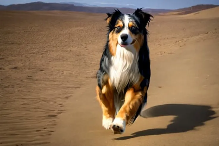 masterpiece, best quality, photo of novadog, dog, running, desert background, empty landscape, no human