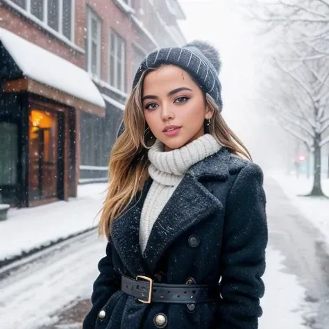 professional portrait photograph of a gorgeous (isabella-7000) in winter clothing with long wavy blonde hair, sexy smile, ((sultry flirty look)), freckles, beautiful symmetrical face, cute natural makeup, wearing elegant winter fashion clothing, ((standing outside in snowy city street)), stunning modern urban upscale environment, ultra realistic, concept art, elegant, highly detailed, intricate, sharp focus, depth of field, f/1. 8, 85mm, medium shot, mid shot, (centered image composition), (professionally color graded), ((bright soft diffused light)), volumetric fog, trending on instagram, trending on tumblr, hdr 4k, 8k