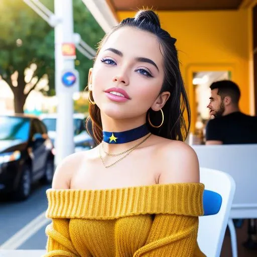 piercing eyes, looking straight, a 20 year old cute isabella-7000, very happy, short salon hair, wearing an off-shoulder sweater, choker, closeup portrait, in a outdoor cafe in 2015, afternoon light