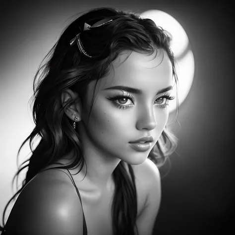 photorealistic, Masterpiece photo in shades of gray, woman with disheveled hair and bad torn clothes, cute sexy, nude, (detailed medieval background), ultra sharp focus, detailed face, (((posing))), random hair color, short hair, beautiful eyes, with the face of Ana de Armas, Whole body, high quality black and white image
