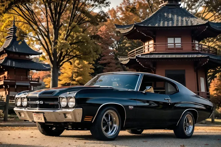 <lora:chvll-000006:0.6> chvll matted black body, parked in front of a japanese pagoda, fall weather, ultra wide angle, masterpiece, award winning, sunset, beautifully detailed fall foliage, cinematic lighting, style-autumn:1.0, sharp focus, smooth, intricate details, 8k wallpaper, trending on artstation