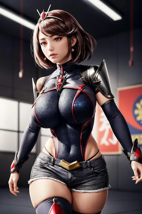 (ultra realistic,32k, masterpiece:1.2),(high detailed skin:1.1),( high quality:1.1),
<lora:1686274452248828182:0.6>DPyra, black hair, short hair, red eyes, grey clothing, red jewelry, armor, earrings, tiara, large breasts, shoulder armor, covered navel, skindentation, grey armor, leotard, framed breasts, neon trim, scarf, turtleneck, grey short shorts, grey thighhighs,fighting pose, huge breast,large breast,<lora:add_detail:0.81>,
(volumetric lighting:1.1), martial arts dojo, combat training, immersive martial arts simulations, holographic opponents, blurry background,