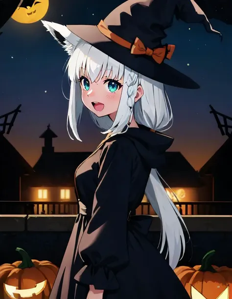 masterpiece, best quality, incrshlwn, <lora:Halloween2:0.85>, halloween, halloween costume, night sky, outdoors, fubukirelax, white hair, single side braid, (fox tail:1.2), :D, witch hat, black dress, pumpkin<lora:shirakami_fubuki_9_outfits:1>