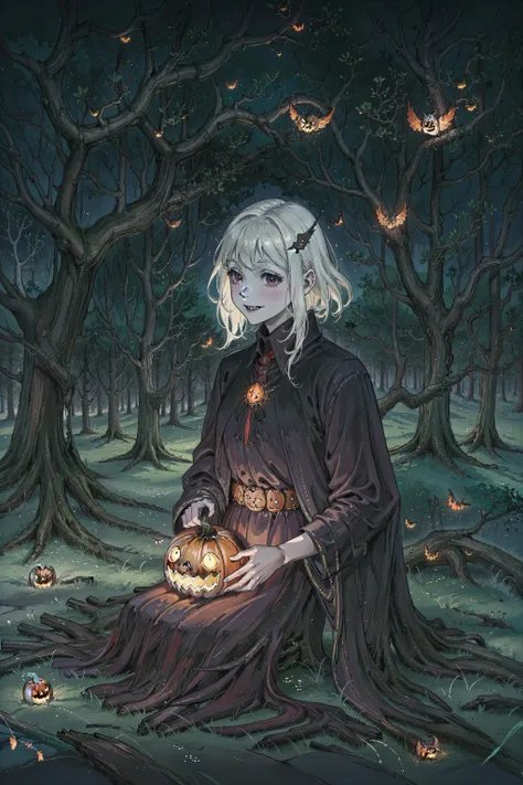 ((masterpiece,best quality)), absurdres,, Cute_Ghost, no humans, solo, ghost, floating, halloween, pokemon (creature), cute, solo, smiling, looking at viewer, purple theme, graveyard in background, Log Cabin, tree,grass,fantasy, fairytale, intricate, forest, fireflies, tree,halloween ,eerie atmosphere, dark background,Scary atmosphere,<lora:Cute_Ghost_Anime:0.8> , <lora:color:0.5>