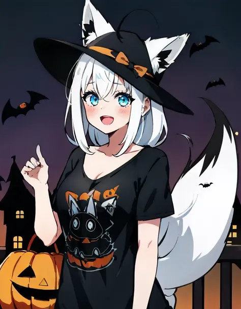 1girl, solo, cowboy shot, (Halloween:1.2), fubukirelax, black t-shirt, white hair, single side braid, ahoge, (fox tail:1.2), :D<lora:shirakami_fubuki_9_outfits:1><lora:Halloween:0.6>