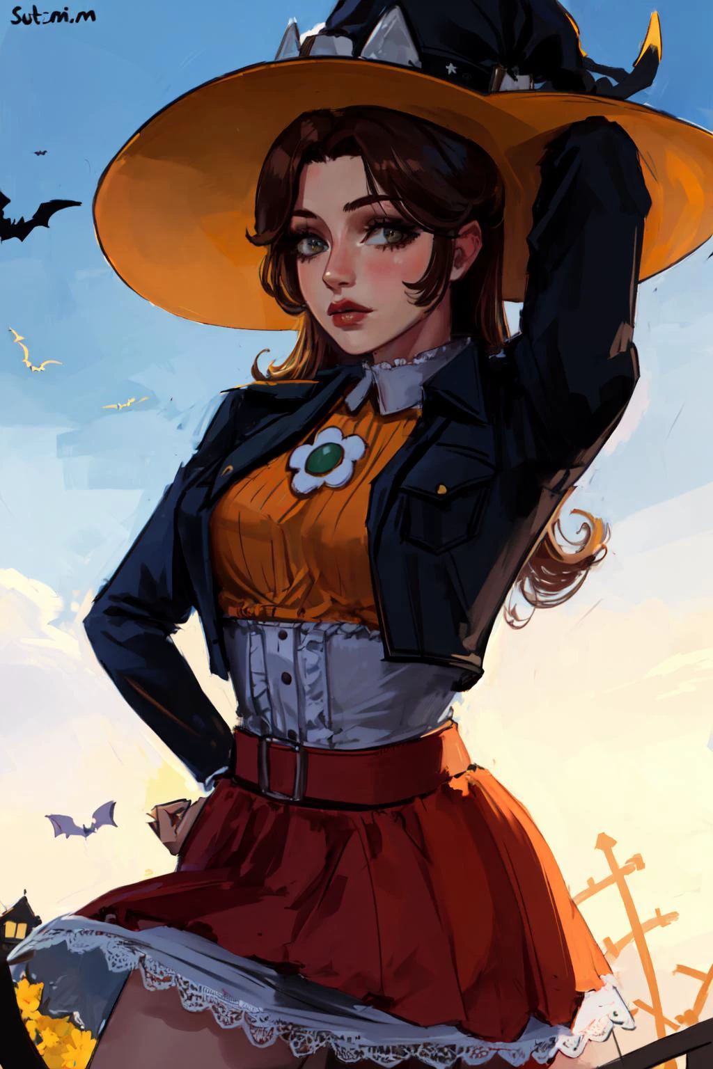 Highly detailed, High Quality, Masterpiece, (1girl, solo:1.4), (Daisy_SM:1.1), <lora:Daisy_Lora:0.9>, halloween, <lora:Outfit_Halloween:0.65>, cowboy shot, long hair,