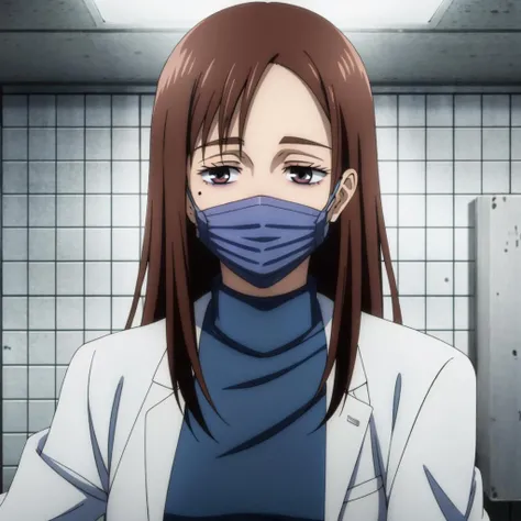 masterpiece,high quality,solo,
<lora:ShokoIeiri001:0.7>,
ShokoIeiri,1woman,
1 mole,eyeshadow,
labcoat,open clothes,
turtleneck sweater,
surgical mask,
mask pull,