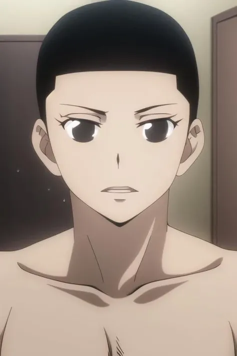 masterpiece, best quality, extremely delicate and beautiful, highres, original, <lora:TouichirouIzumida:0.8>, TouichirouIzumida, black hair, black eyes, shaved hair, 1boy, male, man, upper body, indoors, topless male, muscular male, nipples,