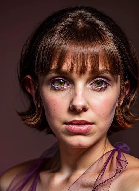 portrait of skswoman, hungry , wearing silk , with Curtain bangs , background factory epic (photo, studio lighting, hard light, sony a7, 50 mm, matte skin, pores, colors, hyperdetailed, hyperrealistic), <lyco:Millie Bobby Brown:1.1>