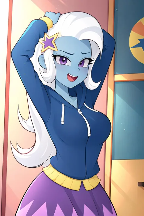 1girl, MLPTRIXIE,COLORED SKIN,BLUE SKIN,STAR HAIR ORNAMENT,BLUE HOODIE,HOOD DOWN,PURPLE SKIRT, breasts, purple eyes, smug, open mouth, arms up, shirt lift, bra lift, exposed breasts, nipples 