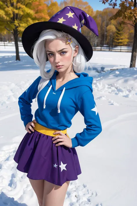 mlptrixie, white hair, wizard hat, purple eyes, colored skin, blue skin, star hair ornament, blue hoodie, purple skirt, looking at viewer, serious, angry, pout, blush, standing, from_above, hands on hips, fists, outside, park, field, snow, autumn, sunny, high quality, masterpiece, <lora:mlp_trixie:.8>