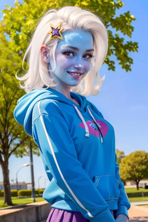 mlptrixie, white hair, purple eyes, colored skin, blue skin, star hair ornament, blue hoodie, looking at viewer, smiling, close up, outside, tree, blue sky, high quality, masterpiece, <lora:mlp_trixie:.8> <lora:coloredSkin-08:.9>