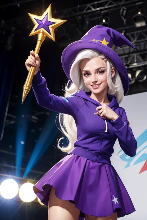 mlptrixie, white hair, wizard hat, purple eyes, colored skin, blue skin, star hair ornament, blue hoodie, purple skirt, looking at viewer, serious, grin, medium shot, action pose, holding a wand, on stage, bright lighting, high quality, masterpiece, 