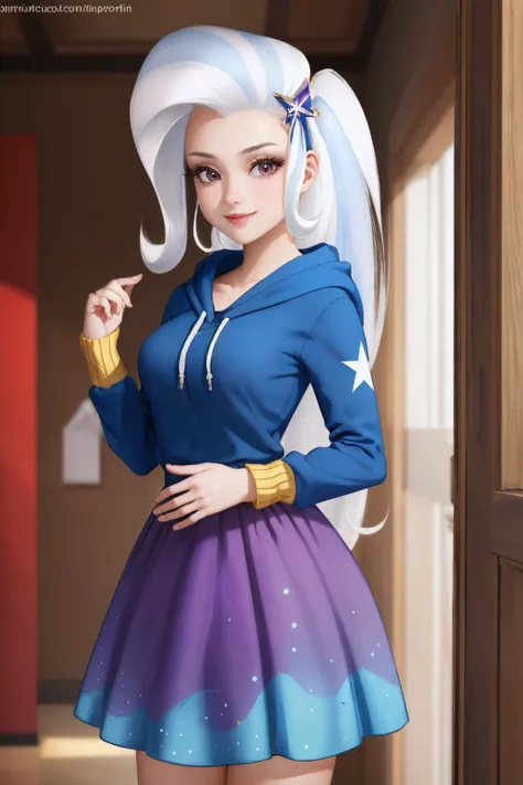 (masterpiece, best quality:1.2), <lyco:mlp_trixie-10:1.0>, cowboy shot, solo, 1girl, mlptrixie, colored skin, blue skin, smile, looking at viewer, blue hoodie, skirt