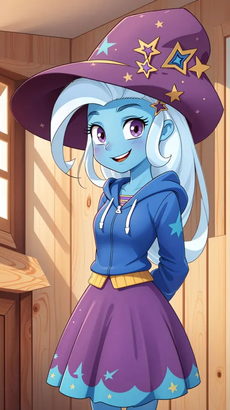 (masterpiece, best quality:1.2),<lora:mlp_trixie-10:1>,cowboy shot,solo,1girl,mlptrixie,colored skin,blue skin,smile,looking at viewer,arms behind back,star hair ornament,witch hat,blue hoodie,purple skirt,