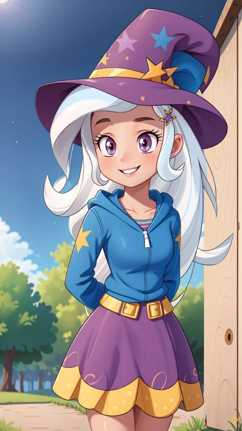 (masterpiece, best quality:1.2),<lora:mlp_trixie-10:1>,cowboy shot,solo,1girl,mlptrixie,colored skin,blue skin,smile,looking at viewer,arms behind back,star hair ornament,witch hat,blue hoodie,purple skirt,
