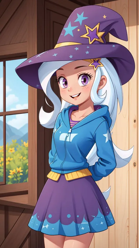 (masterpiece, best quality:1.2),<lora:mlp_trixie-10:1>,cowboy shot,solo,1girl,mlptrixie,colored skin,blue skin,smile,looking at viewer,arms behind back,star hair ornament,witch hat,blue hoodie,purple skirt,