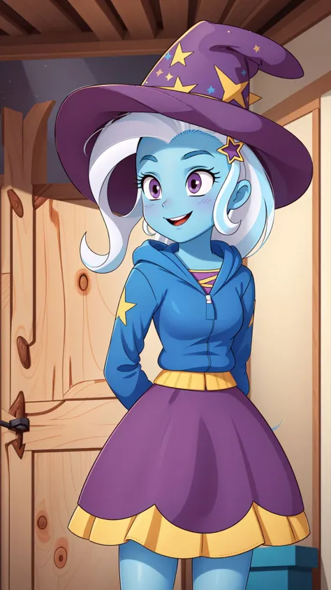 (masterpiece, best quality:1.2),<lora:mlp_trixie-10:1>,cowboy shot,solo,1girl,mlptrixie,colored skin,blue skin,smile,looking at viewer,arms behind back,star hair ornament,witch hat,blue hoodie,purple skirt,