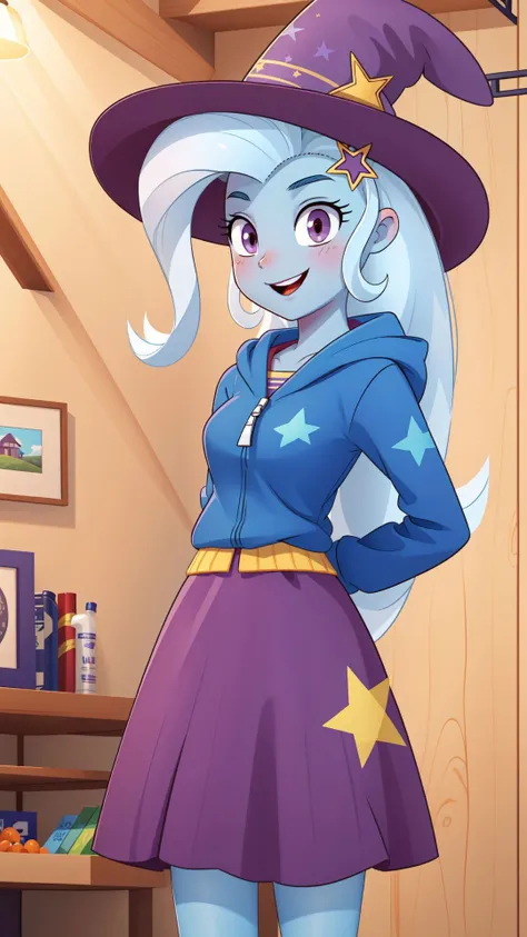 (masterpiece, best quality:1.2),<lora:mlp_trixie-10:1>,cowboy shot,solo,1girl,mlptrixie,colored skin,blue skin,smile,looking at viewer,arms behind back,star hair ornament,witch hat,blue hoodie,purple skirt,