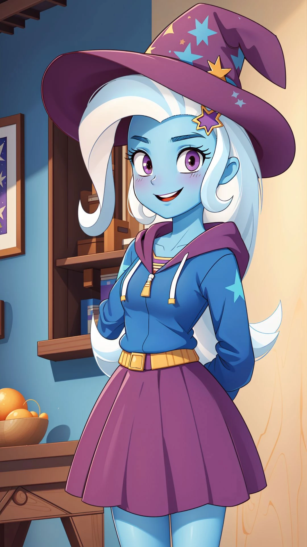 (masterpiece, best quality:1.2),<lora:mlp_trixie-10:1>,cowboy shot,solo,1girl,mlptrixie,colored skin,blue skin,smile,looking at viewer,arms behind back,star hair ornament,witch hat,blue hoodie,purple skirt,