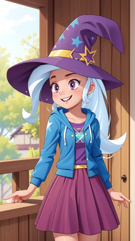 (masterpiece, best quality:1.2),<lora:mlp_trixie-10:1>,cowboy shot,solo,1girl,mlptrixie,colored skin,blue skin,smile,looking at viewer,arms behind back,star hair ornament,witch hat,blue hoodie,purple skirt,