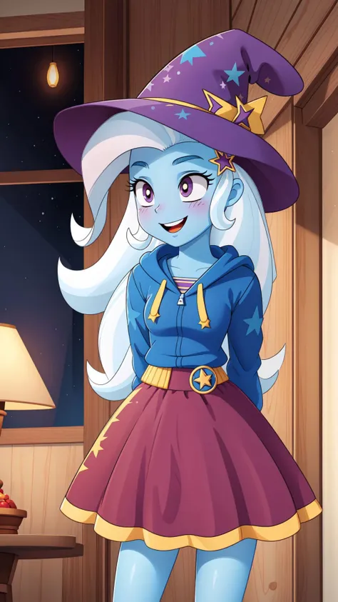 (masterpiece, best quality:1.2),<lora:mlp_trixie-10:1>,cowboy shot,solo,1girl,mlptrixie,colored skin,blue skin,smile,looking at viewer,arms behind back,star hair ornament,witch hat,blue hoodie,purple skirt,