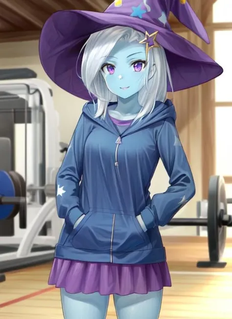 ((best quality)), ((highly detailed)), masterpiece, (detailed eyes, deep eyes), (1girl), depth of field, cowboy shot, <lora:hairdetailer:1>, <lora:mlp_trixie:1>, mlptrixie, ((colored skin:1.3, blue skin:1.3)), white hair, star hair ornament, purple eyes, grin, smug, witch hat, blue hoodie, (hood down), purple skirt, (indoors, in a gym)